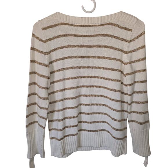 Jones New York Cream Gold Striped Shiny Crew Neck Sweater Petite Medium - Picture 2 of 7